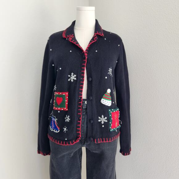 American Vintage Sweaters - Vintage 90s Basic Editions Holiday Black Snowflake Christmas Sweater Cardigan M